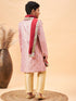 Boy's Pink & Gold-Colored Woven-Design Brocade Slim Fit Sherwani Set With Maroon Color Dupatta